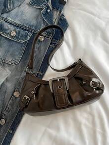 1pc Women Retro Biker Chic Studded Adjustable Strap Crossbody Bag, Large Capacity Soft Gradient Leather Shoulder/Underarm Bag, Suitable For Work, Dating, Parties, Vintage Bag For Women, Halloween Purse Perfect For Fancy Party Halloween Fashion & Gothic Fashion - 棕色 - 查看 2