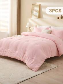 3pcs Comforter Set, Bedding, Halloween Decor, Fall Decor, Cozy And Warm Bedding, Solid Color, Easy Care And Comfortable, Breathable Bed Set, For Twin, Full, King, Queen Bed Sizes, Suitable For Bedroom, Guest Room, Dormitory, All Seasons, Halloween Gift, Machine Washable, 1 Comforter And 2 Pcs Pillowcases. - 粉色 - 查看 10
