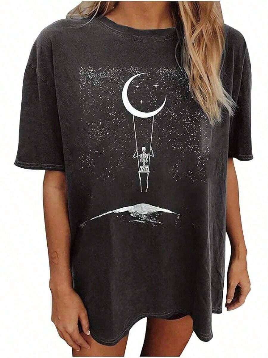 Women's Tops Letter Tee Graphic T-Shirts,Vintage Shirts For Women Cute Graphic Tee Spring Short Sleeve Tops Oversized Tshirts Unisex Halloween T-Shirt - 復古圖案 T 卹 #A1 - 查看 1