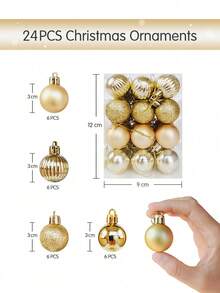 24 件/套彩绘金色圣诞球、3 厘米圣诞树挂饰套装、适合节日派对的圣诞树装饰、花环