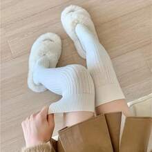 1 Pair Of Women'S Autumn And Winter Thickened Over-The-Knee Socks Solid Color Simple Women'S Socks Vertical Striped Socks Warm Over-The-Knee Socks - Màu be - 1 đôi - Xem 4