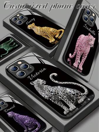 1 st. anpassat svart diamantmönster med leopardmönster, personligt och modernt flytande härdat glasmaterial, stötsäkert, reptåligt, fingeravtrycksfritt, mjukt TPU-telefonskal, kompatibelt med 17 Air/16 Pro Max/15 Pro/14 Plus/13 Pro/12 Pro Max/11/Xs Max/8/7/6 Plus och S24 Ultra/S25 Ultra, telefontillbehör