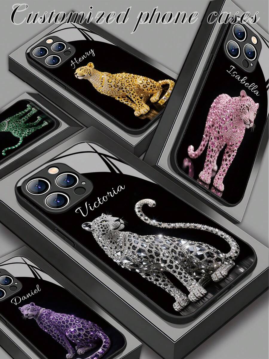 1pc Customized Black Diamond Leopard Pattern Personalized Fashionable Liquid Tempered Glass Material Shockproof Anti-Scratch Anti-Fingerprint TPU Soft Phone Case Compatible With Iphone 17 Air/16 Pro Max/15 Pro/14 Plus/13 Pro/12 Pro Max/11/Xs Max/8/7/6 Plus And S24 Ultra/S25 Ultra, Phones Accessories - Black - View 1