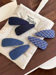 2个/3个装女士时尚优雅纯色牛仔布格子水滴BB夹，刘海侧夹，适合日常外出发型装饰配饰，波西米亚优雅风，头部配饰，发夹 - 彩色 - 查看 9