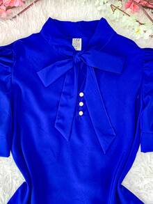 Women's Formal Blouse With Short Puff Sleeves And Bow No. 8 - Royal Blue - View 5