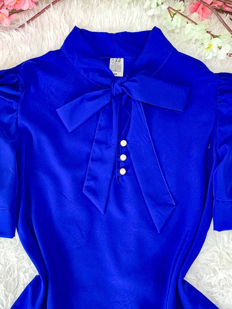Women's Formal Blouse With Short Puff Sleeves And Bow No. 8 - 寶藍色 - 查看 5