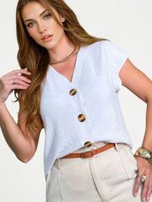 Women's Short Sleeve Shirt Blouse Duna Fabric With Button New 2025 European And American Style - trắng - Xem 3