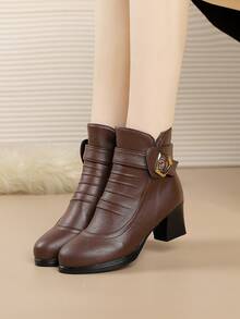 Cizme la modă pentru femei cu cataramă metalică, cizme din piele cu toc înalt și toc gros, maro, cu tijă scurtă, versatile, cu fermoar lateral antiderapant, toamnă/iarnă