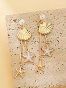 1 Pair Romantic Ocean Style Seashell & Starfish Tassel Earrings, Elegant Faux Pearl Dangle Earrings, Charming Women Jewelry, Summer Earrings Suitable For Daily Wear, Beach Date And Vacation