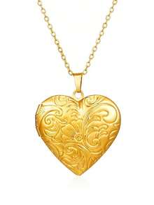 1pc Vintage Stainless Steel Locket Pendant Necklace, Open Design Can Hold Photos, Hollow Round Frame Necklace - Yellow Gold - View 10