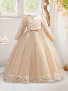 少女优雅花卉蕾丝网纱长袖花童礼服，不含头饰