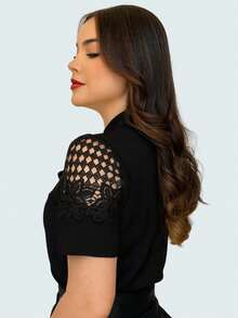 Women's Elegant Short Sleeve Bow Blouse - 黑色 - 查看 2