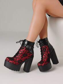 Women's Victorian Lace Goth Platform High Heels Boots Lace-Up Chunky High Heels Round Toe Zipper Punk Ankle Booties Fashionable Rave Buckle Y2k Booties - Black and Red - View 3