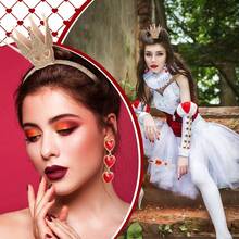 3 Pcs/Set Queen Cosplay Costume Accessories Includes Gold Crown Headband Heart Rhinestone Scepter Red Heart Drop Earrings For Women Cosplay Party Costume