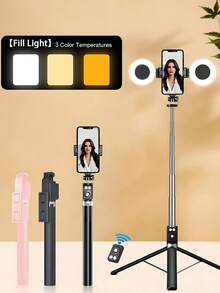 New 6 In 1 Selfie Stick With Fill Light, For TK YT 67" Phone Tripod & Wireless Remote Page Turner,Bluetooth Camera Video Recording Remote,Music Control, Compatible ,IOS,Android Compatible With Iphone Android Phone For Summer Vacation, Travel, Fill Light, Outdoor Activities, Live Streaming Vacation Travel Outdoor Activities Live Streaming Vlogging Equipment 360° Rotation - With Lamp Selfie Stick - View 2