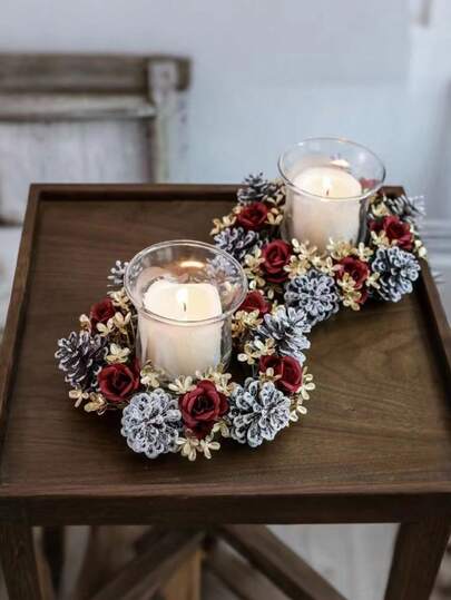 1pc Best Christmas Crafts Art Ornaments Decor Gift Artificial Fabric Red Rose Flowers Pine Cones Candle Rings Home Decoration,Funny Winter Xmas Plastic Flower Garland Craft Candles Small Wreath Presents For Indoor Outdoor Friend Wedding Favours Accessories Engagement Party