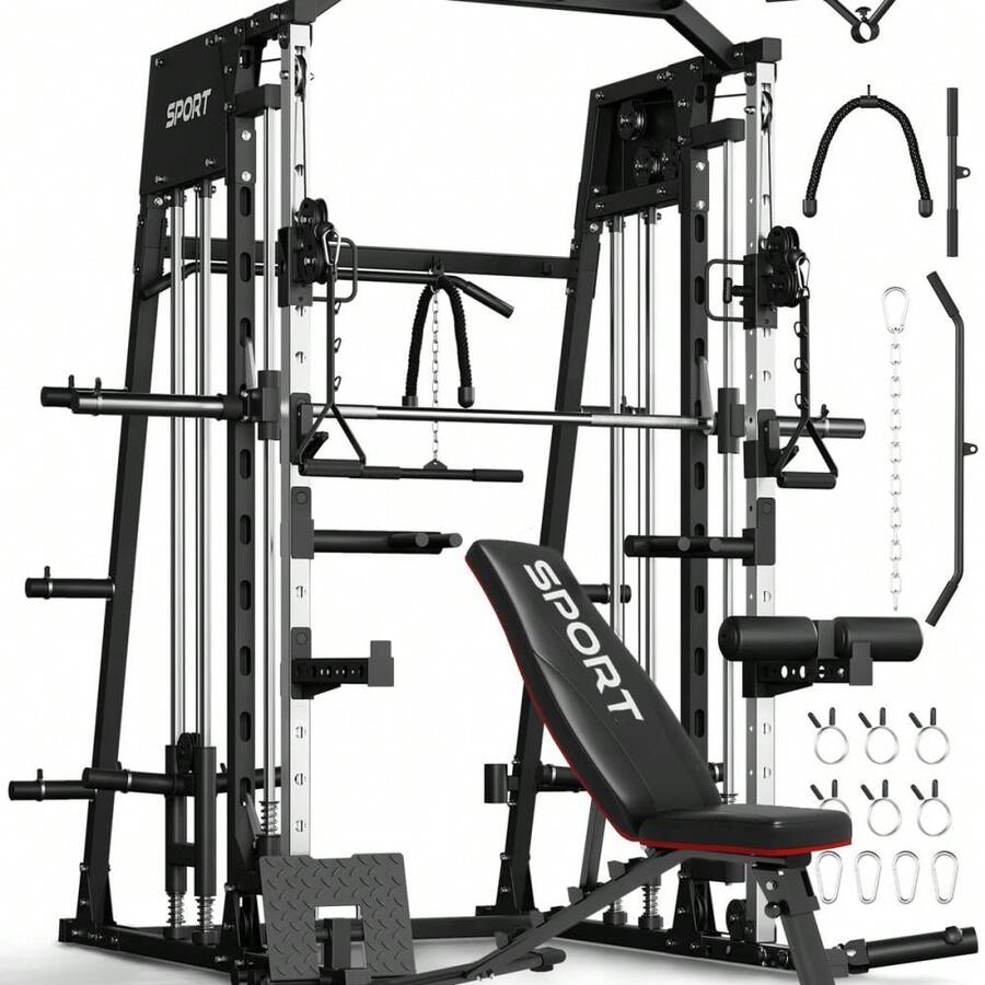 LIZHOUMIL Smith Machines Home Gym With Bench With Weight Bar, Dual LAT Pull-Down Systems & Cable Crossover Machine For Full-Body Workouts Training - Black - View 1