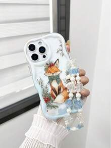 حافظة هاتف مضادة للسقوط مطبوعة بنمط الثعلب الثلجي المموج ذو الحافة المتموجة والملمس الكريمي واللمعان، مع إكسسوار سوار خرزي مصنوع يدويًا