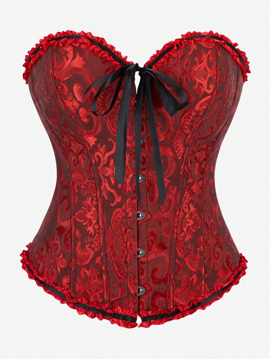 Corset Overbust Bustier, Classic Corset Bodice Strapless, Sweet Fitted Boned Bodysuit, Ruffle Trim Waist Cincher Tops For Masquerade, Halloween - Màu Đỏ Sâu - Xem 1
