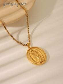 1pc 18K Gold Plated Vintage Oval Virgin Mary Christian Cross Stainless Steel Pendant Necklace, Suitable For Men, Women, Couples For Daily Wear And Christian Holiday Gifts