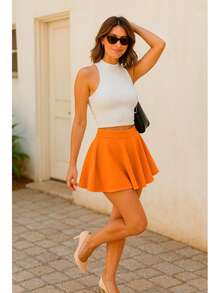 Conjunto de dos piezas de top corto informal con cuello alto acanalado y minifalda acampanada para mujer ideal para fiestas y verano. - Naranja - Ver 2