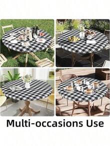 Smiry Round Picnic Table Cloth, Elastic Waterproof Fitted Vinyl Tablecloth 36-44 Tables, Flannel Backed Buffalo Plaid Table Covers Dining, Camping, Outdoor, Black And White Summer Birthday Gifts Wedding Beach Back To School School Supplies Room Decor