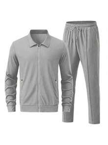 2件套男士提花拉链休闲运动纯色长袖西装，简约时尚 - 灰色 - 查看 2