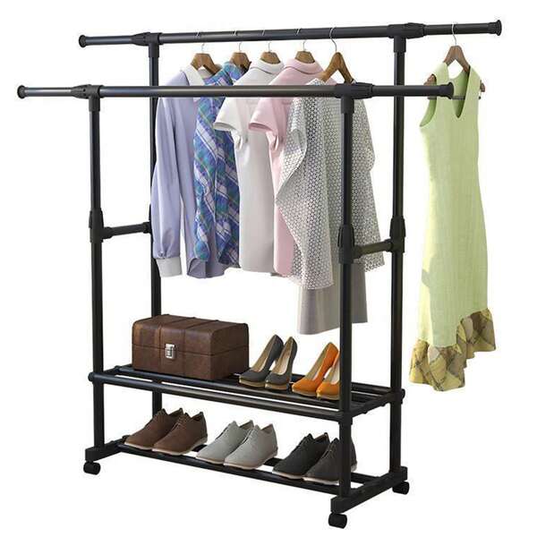 キャスター付きダブルロッド衣類ラック 伸縮式バー付き衣類ラック 高さ調節可能