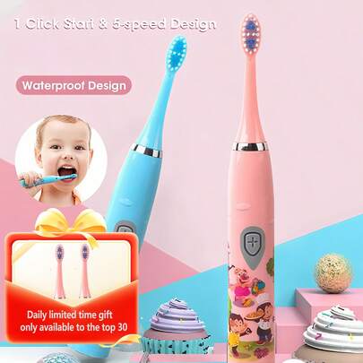 Cepillo de dientes eléctrico, cepillo de dientes suave con cerdas de dibujos animados inteligentes con cabezales de repuesto