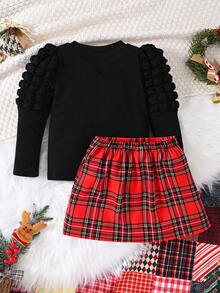 مجموعة تنورة مربعات ولباس علوي كروشيه بأكمام منتفخة وياقة طاقم، أكمام طويلة للربيع/الخريف، قطعتان/مجموعة - الأسود - مشاهدة 2