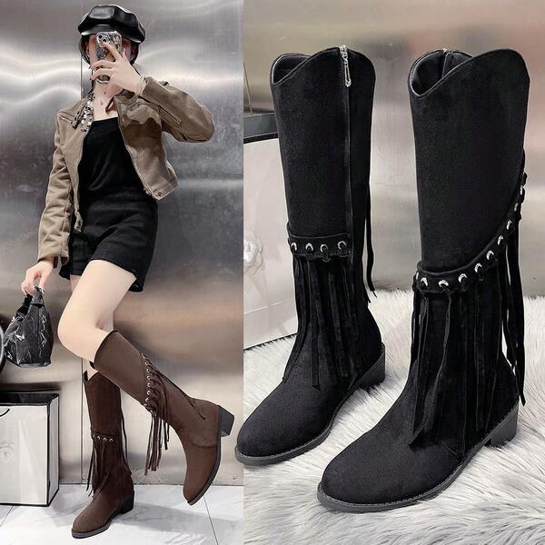 Casual Fashion Is Versatile.Casual Fashion French Style But Knee Retro Long Boots For Women With Pointed Toes, Thick Heels, Slim Legs, Knight Tassel Western Boots