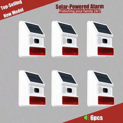 6-Piece Farm, Warehouse Solar Security Alarm System, Wireless High Decibel Indoor And Outdoor Waterproof Siren Speaker, Equipped With Remote Control, Door Magnetic Sensor, Motion Sensor, Volume Up To 115 Decibel, No WiFi/GSM/APP Required