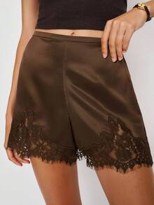 Women Pettipants Slip Shorts Lace Trim Satin Silk Bloomers Bottoms Elastic Waist Lace Slip Shorts Y2k Low Rise Micro Mini Pajama Shorts Knickers Lounge Slip Pj Bottoms - 棕色 - 查看 1