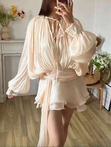 Women's Elegant Ruffle Mini Dress Long Lantern Sleeve V-Neck Lace Up Layered Pleated Loose Short Dress Tie High Waist Cocktail Swing Mini Dresses - 杏色 - 查看 4