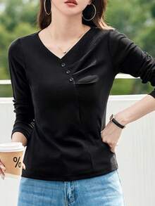 V-Neck Pleated Long Sleeve T-Shirt For Women, 2025 Autumn New Arrivals, Slim Fit, Versatile, Undershirt