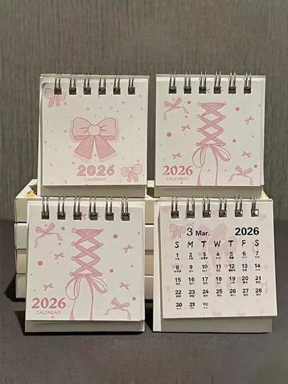 1 pièce Calendrier de bureau mini 2026 avec décoration de nœud rose, mignon et esthétique pour les filles et les étudiantes