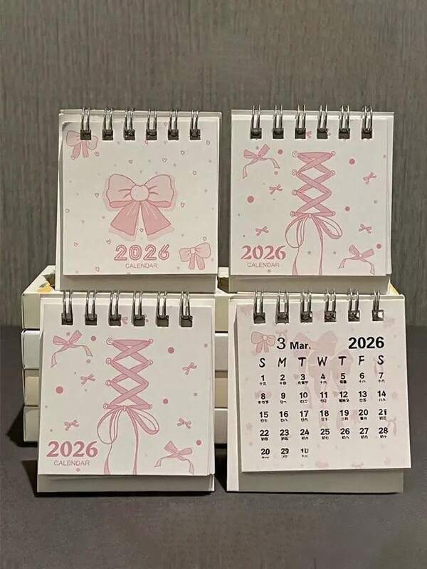 1 pieza Calendario de escritorio mini 2026 con decoración de lazo rosa, lindo y estético para niñas y estudiantes