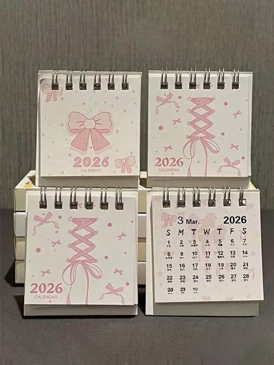 1pc 2026 Pink Bow Decor Mini Desk Calendar, Cute & Aesthetic For Girls, Students