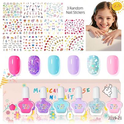 9件套（6瓶指甲油+3张随机美甲贴纸）儿童美甲沙龙套装，闪亮马卡龙色固体水性可撕指甲油，可爱花朵蝴蝶美甲贴纸，适合女孩、儿童，DIY美甲，学校活动，生日礼物，美甲用品