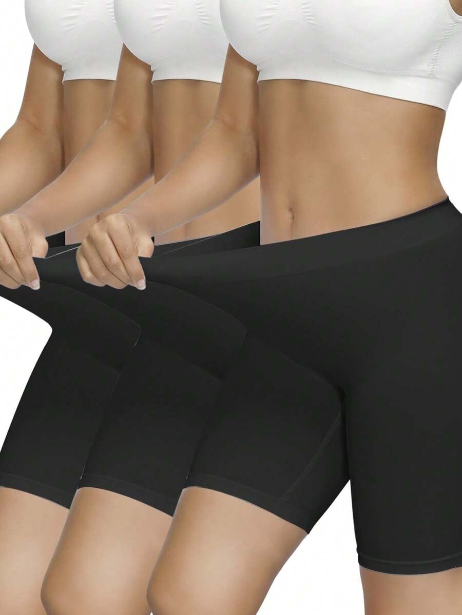 3Pcs High Waist Seamless Boxer Briefs For Women Boyshorts Soft Panties Under The Skirts Casual-Comfy Underwear Anti-Lighting No Rolling Bottoming Shorts Lingerie - 黑色-3件裝 - 查看 1