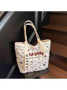 Sanrio Hello Kitty Bag Women's Large Capacity Tote Bag Travel Shoulder Handbag,Sanrio Hello Kitty Canvas Handbag, Cute KT Tote Shoulder Bag, Cartoon Versatile Tote Bag, Large Capacity Commuter Bag, Suitable For Travel, Back To School, Commuting