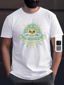 Camiseta de manga corta con cuello redondo y estampado gráfico de gato espacial vibrante para hombres - Suave, transpirable, top casual de verano para actividades al aire libre - Diseño gráfico único, ajuste relajado, ropa de hombre para vacaciones de verano - Blanco - Ver 2