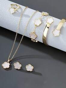 Conjunto de 5 joias de liga com design de flores da sorte, presente moderno para mulheres, pulseira de cristal de cura, promove a cura energética espiritual, adequada para uso diário, presente ideal para família, esposa ou parceira