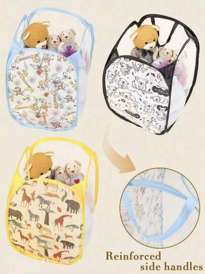 هذه السلة التخزينية القابلة للطي بنمط الحيوانات الكرتونية للأطفال والرضع، ذات مقبض وسطح شبكي، مناسبة للتخزين الداخلي والخارجي للوجبات الخفيفة والألعاب والملابس