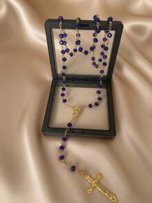 1pc Vintage Bohemian Alloy Crystal Colorful Beaded Cross Pendant Necklace, Sweater Chain