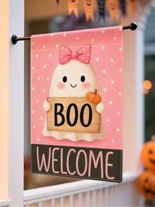 1 Stück Halloween Thema Rosa Punkte Schleife Geist Kürbis WILLKOMMEN Text Garten Flagge - Feiertag doppelseitig wasserdicht Jute, 11.8x17.7 Inches - Herbst Outdoor Dekoration, Outdoor Dekoration (Fahnenmast nicht enthalten)