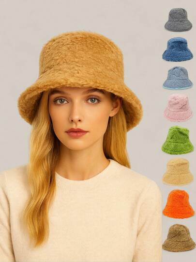 1 Piece Casual Warm Versatile Fluffy Bucket Hat Winter Autumn Outfits. Autumn Winter Bucket Hat, Simple Solid Color Wool Hat, Fashion Women's Hat, People's Day Gift, Winter Outfits.
