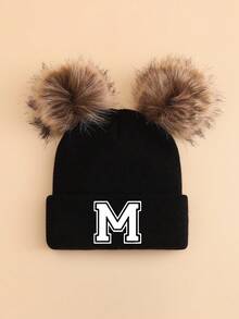 1 pieza Gorro de punto personalizado con letra A-Z para niños, gorro de punto suave y cómodo con doble pompón, adecuado para otoño/invierno, vuelta al colegio, cálido y a prueba de viento para niños y niñas