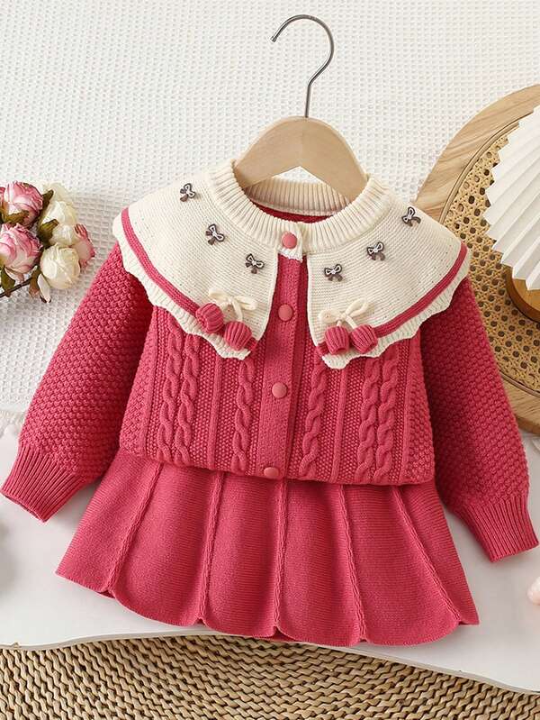 2pcs Girls Knitted Cardigan Sweater & Skirt Set, Warm Outfit For Autumn/Winter, Birthday Gift