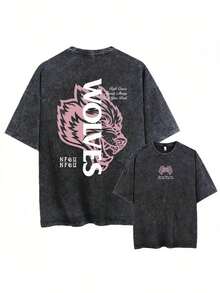 DARCSPORT Men's And Neutral Anti-Cancer Prayer Hand T-Shirt-Double-Sided Wolf And Dragon Pattern, Loose Short Sleeves, 100 Cotton Retro Style, Black With Pink Letters And White Wolf Logo, Charity Design To Raise Cancer Awareness, Casual And Cancer Survivor Clothing, Machine Washable, Comfortable Fit, Neutral Round Neck T-Shirt, Old Washing Effect, Durable And Comfortable, Suitable For Year-Round Wear - 黑色 - 查看 1